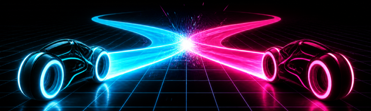 Cyan and magenta light cycles dueling on a black grid